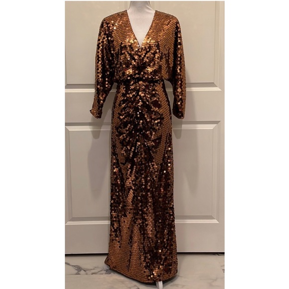 Oleg Cassini Vintage Gold Sequin Maxi Dress Long Sleeve